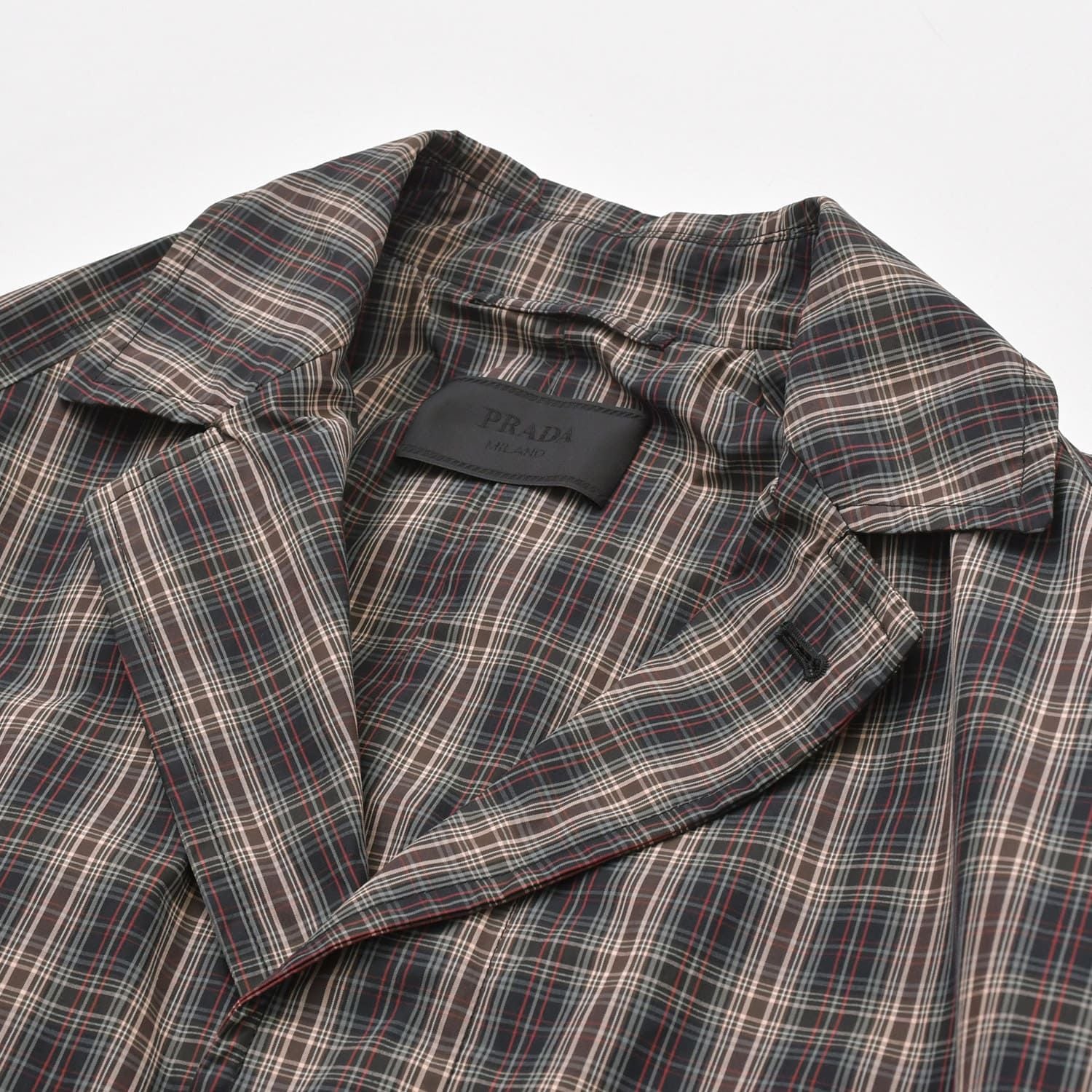 Prada Plaid Trench Shirt Coat Black Red Gray Triangle Logo — view 4