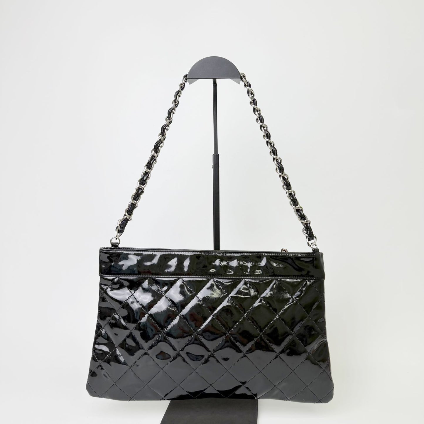 Chanel CC Logo Charm Quilted Chain Shoulder Bag Patent Leather Black Silver — view 2