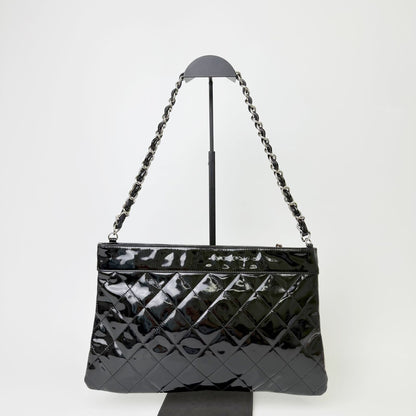 Chanel CC Logo Charm Quilted Chain Shoulder Bag Patent Leather Black Silver — view 2
