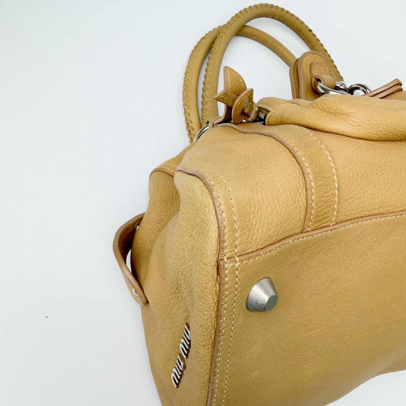 Miu Miu Vintage Leather Lock Braided Handle Shoulder Bag Beige Camel Silver — view 6