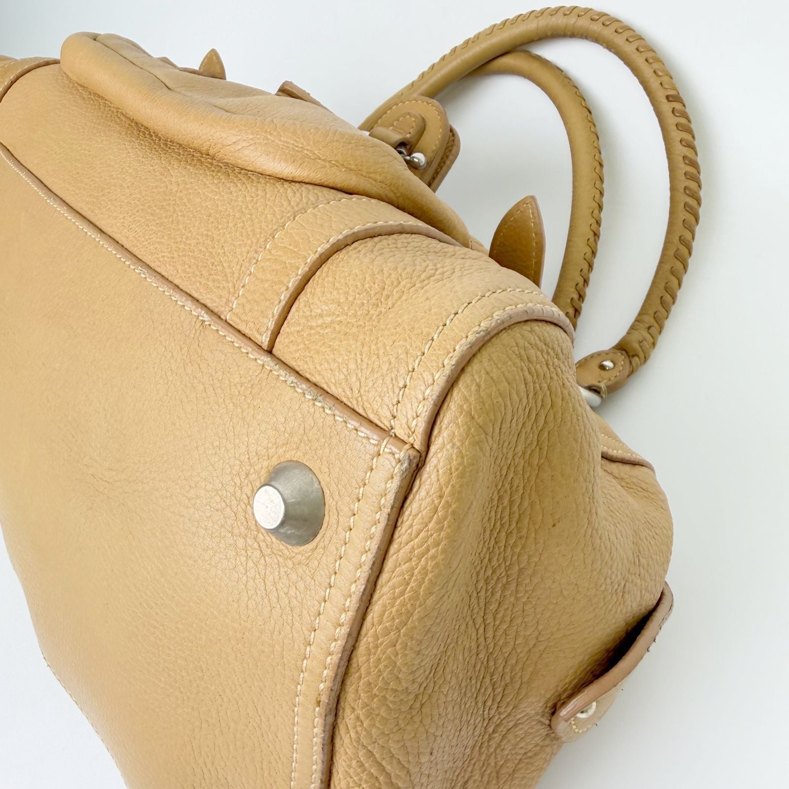 Miu Miu Vintage Leather Lock Braided Handle Shoulder Bag Beige Camel Silver — view 7