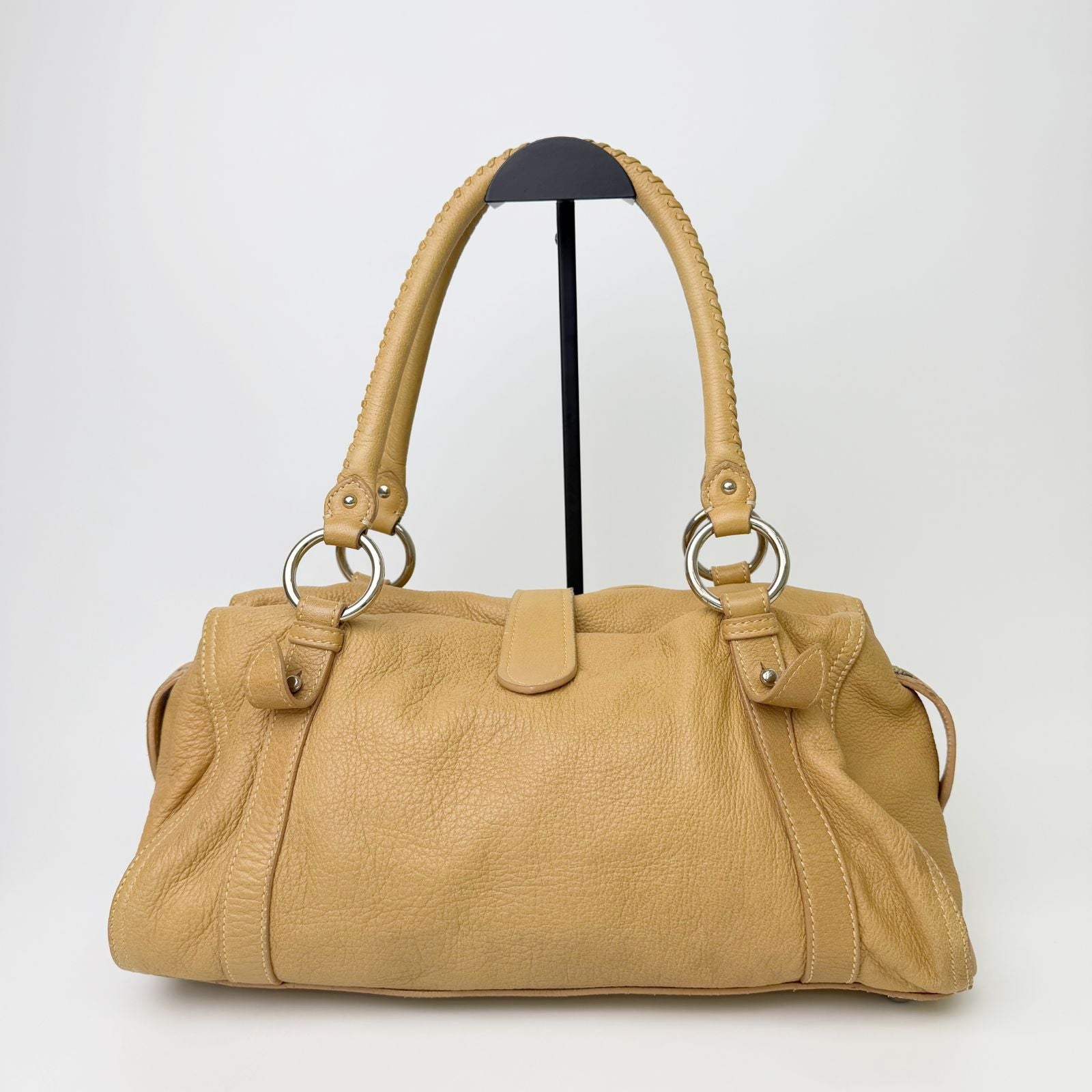 Miu Miu Vintage Leather Lock Braided Handle Shoulder Bag Beige Camel Silver — view 2