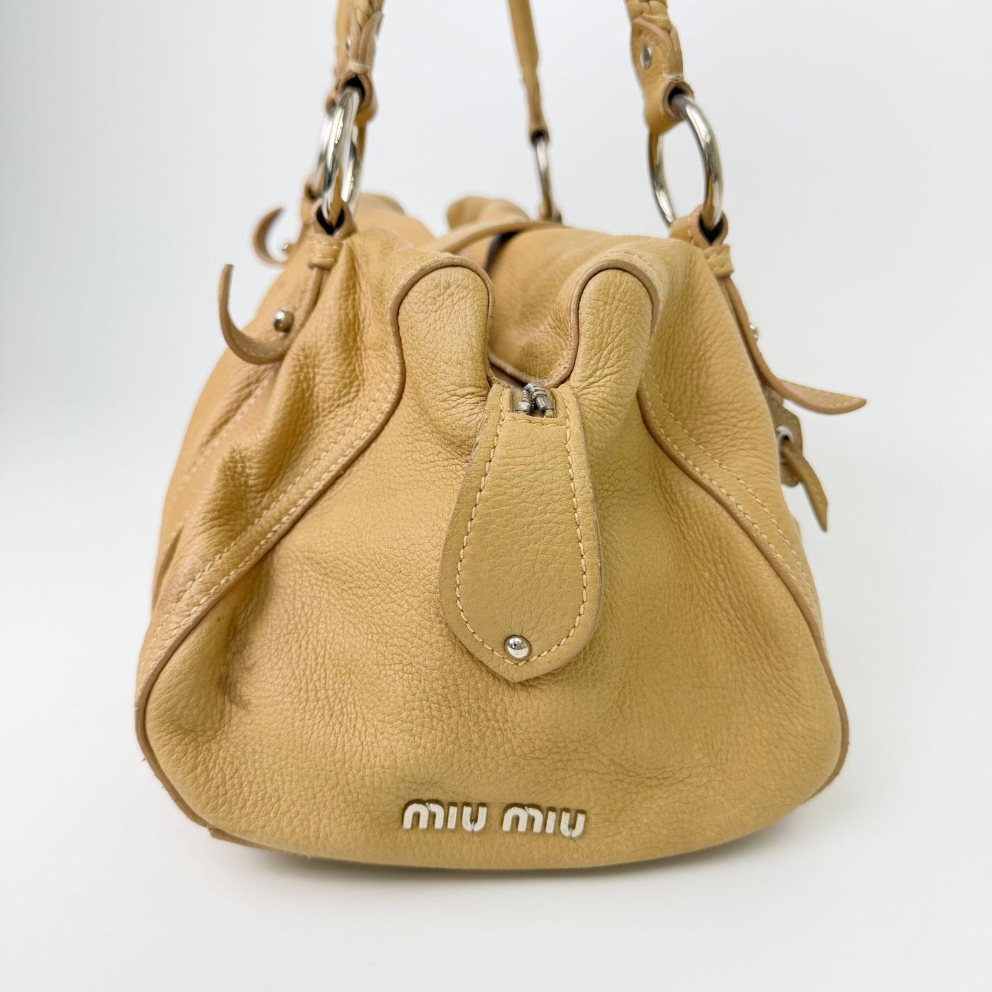 Miu Miu Vintage Leather Lock Braided Handle Shoulder Bag Beige Camel Silver — view 3