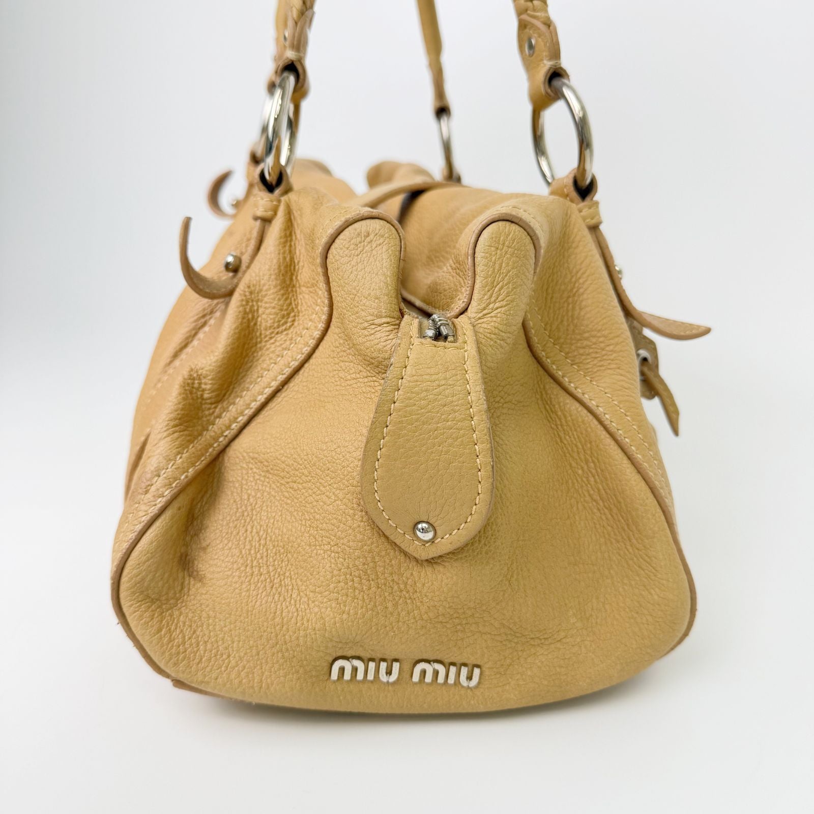 Miu Miu Vintage Leather Lock Braided Handle Shoulder Bag Beige Camel Silver — view 3