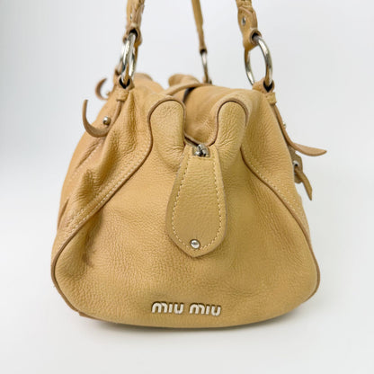 Miu Miu Vintage Leather Lock Braided Handle Shoulder Bag Beige Camel Silver — view 3