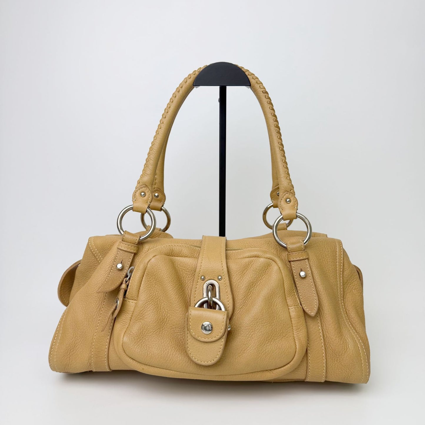 Miu Miu Vintage Leather Lock Braided Handle Shoulder Bag Beige Camel Silver
