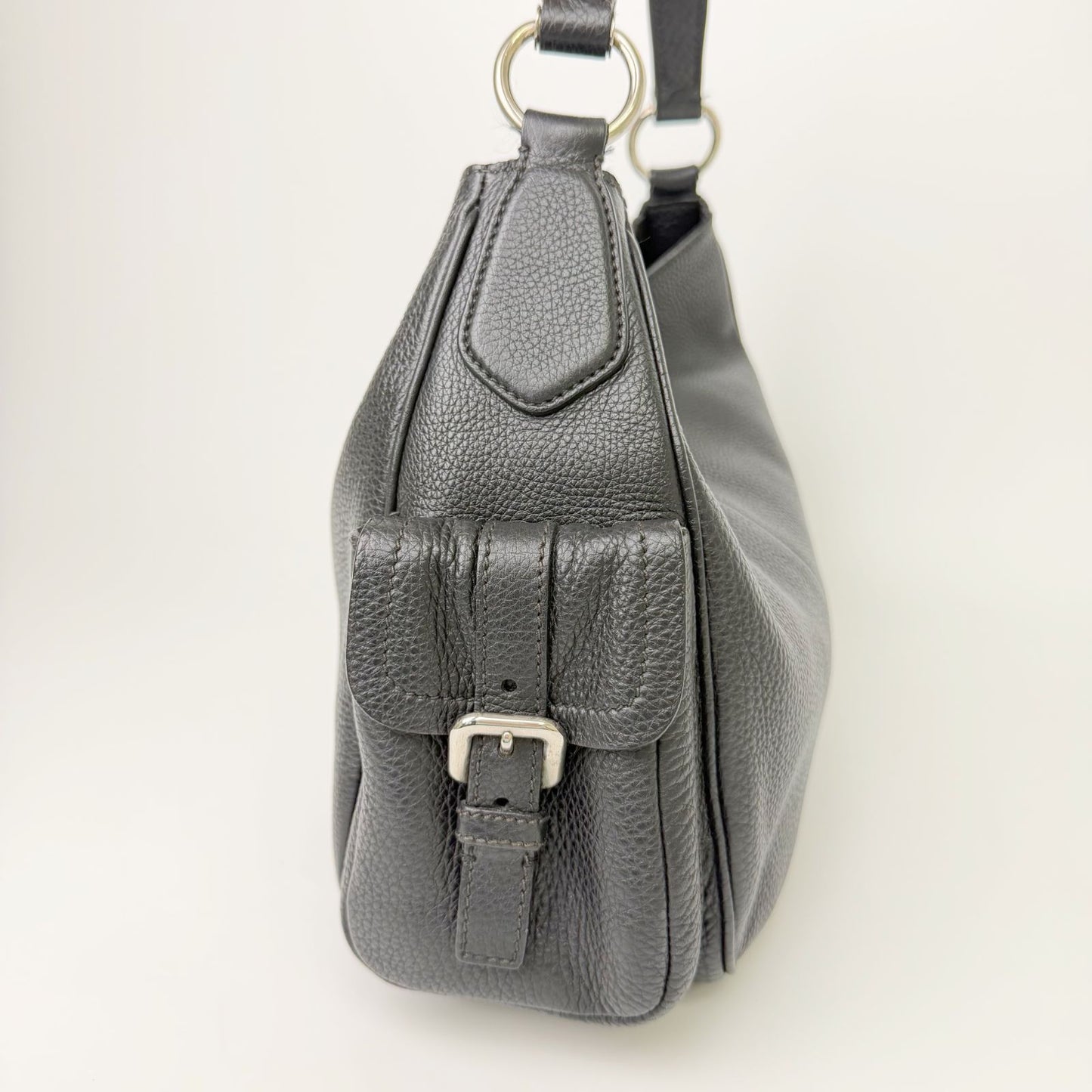 Prada Side Pocket Triangle Logo Leather Hobo Shoulder Bag Black Silver Vintage — view 4