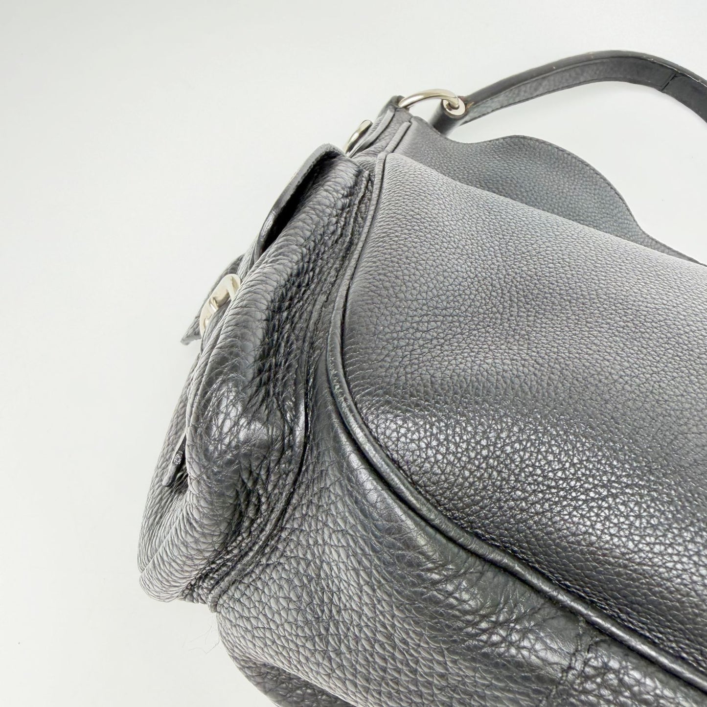 Prada Side Pocket Triangle Logo Leather Hobo Shoulder Bag Black Silver Vintage — view 6