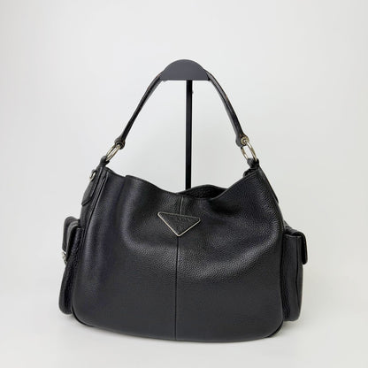 Prada Side Pocket Triangle Logo Leather Hobo Shoulder Bag Black Silver Vintage
