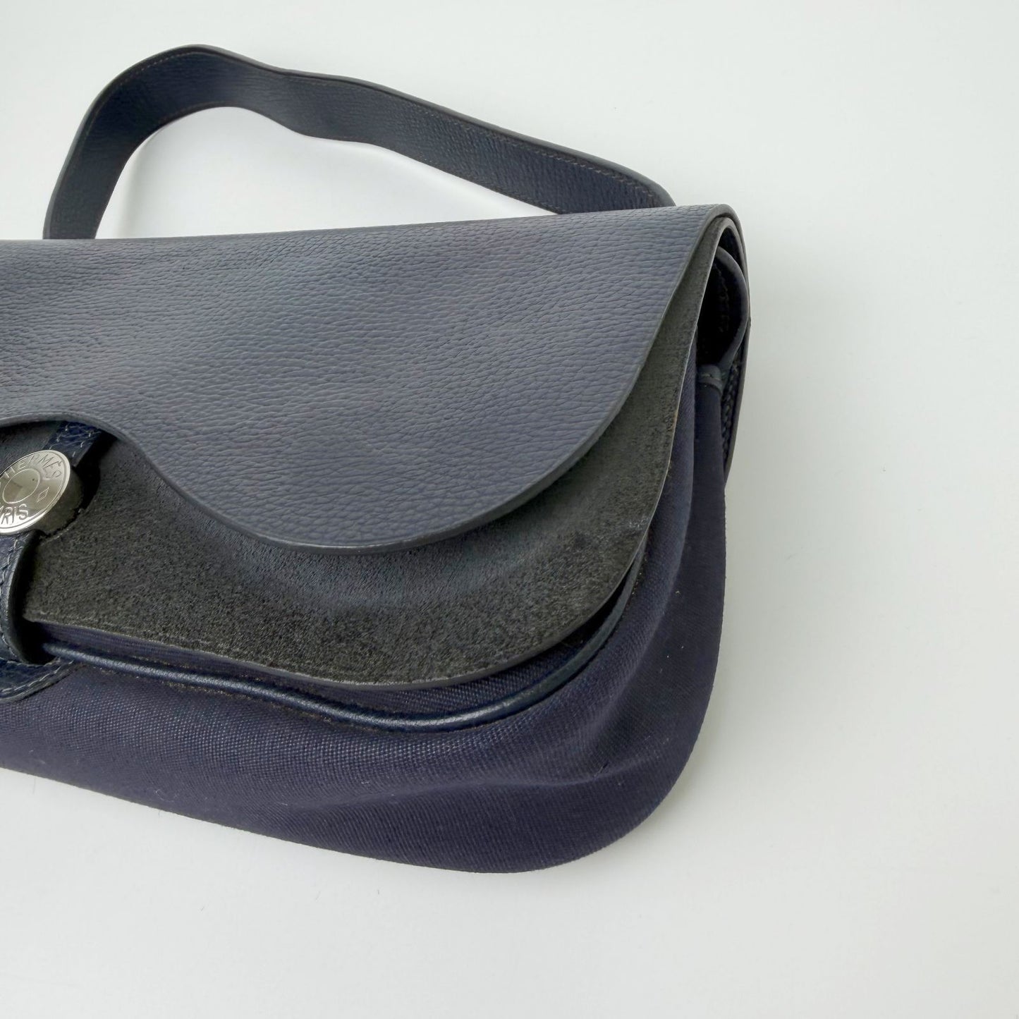 Hermes Sellier H Clasp Leather Felt Shoulder Bag Navy Blue Silver Vintage — view 7