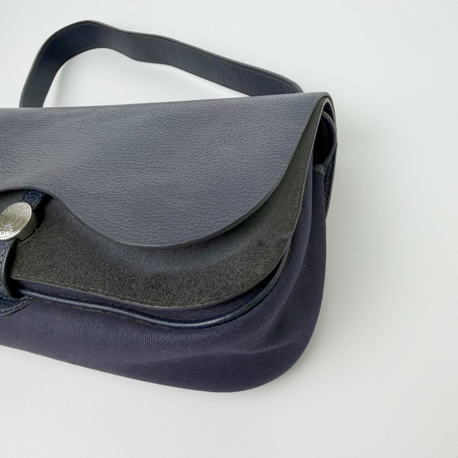 Hermes Sellier H Clasp Leather Felt Shoulder Bag Navy Blue Silver Vintage — view 7