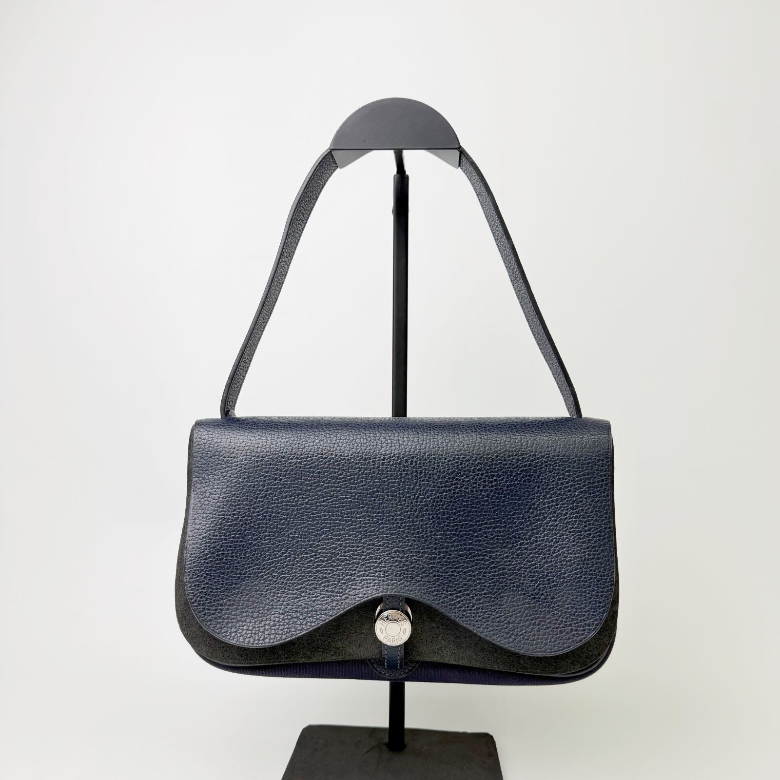 Hermes Sellier H Clasp Leather Felt Shoulder Bag Navy Blue Silver Vintage