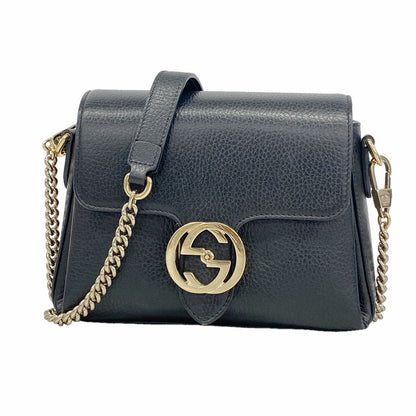 Gucci Shoulder Bag Interlocking G Leather Black Champagne Gold