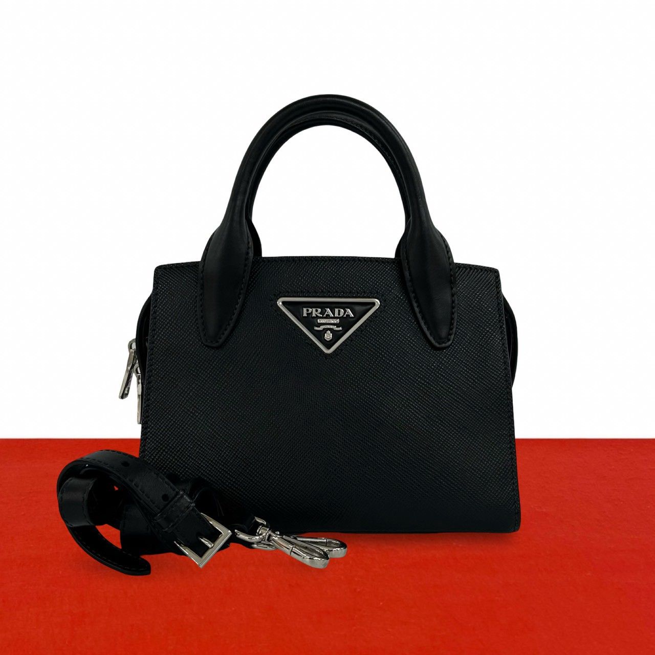Prada Kristen Triangle Logo Saffiano Leather 2-Way Shoulder Bag Black