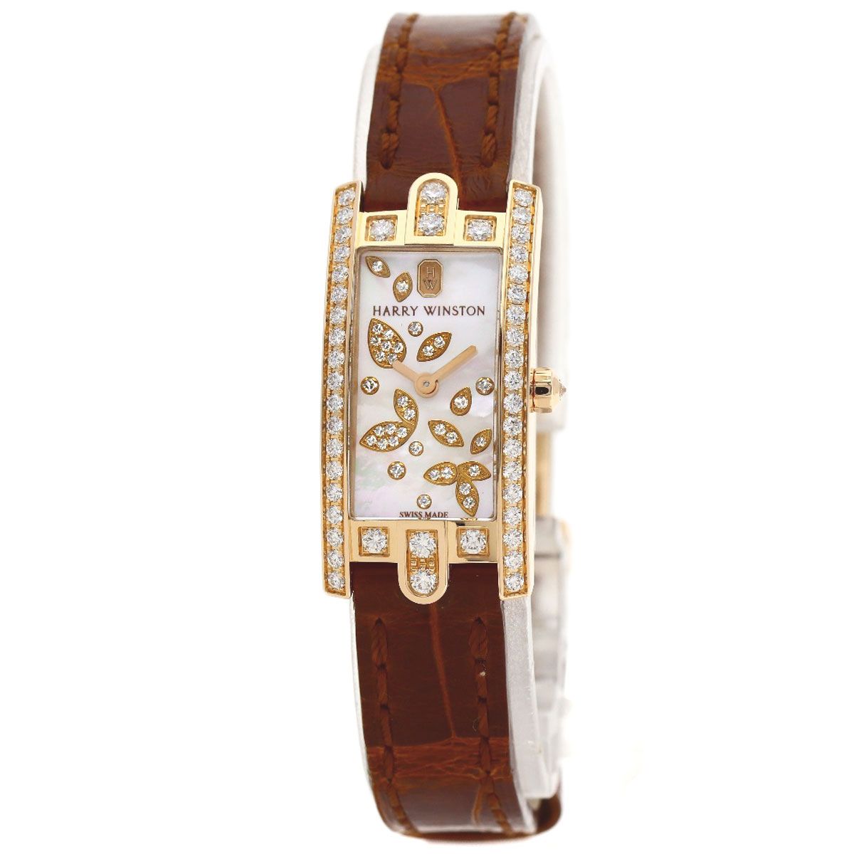 Harry Winston Avenue C Mini Lily Cluster Diamond Watch 18k Pink Gold Leather