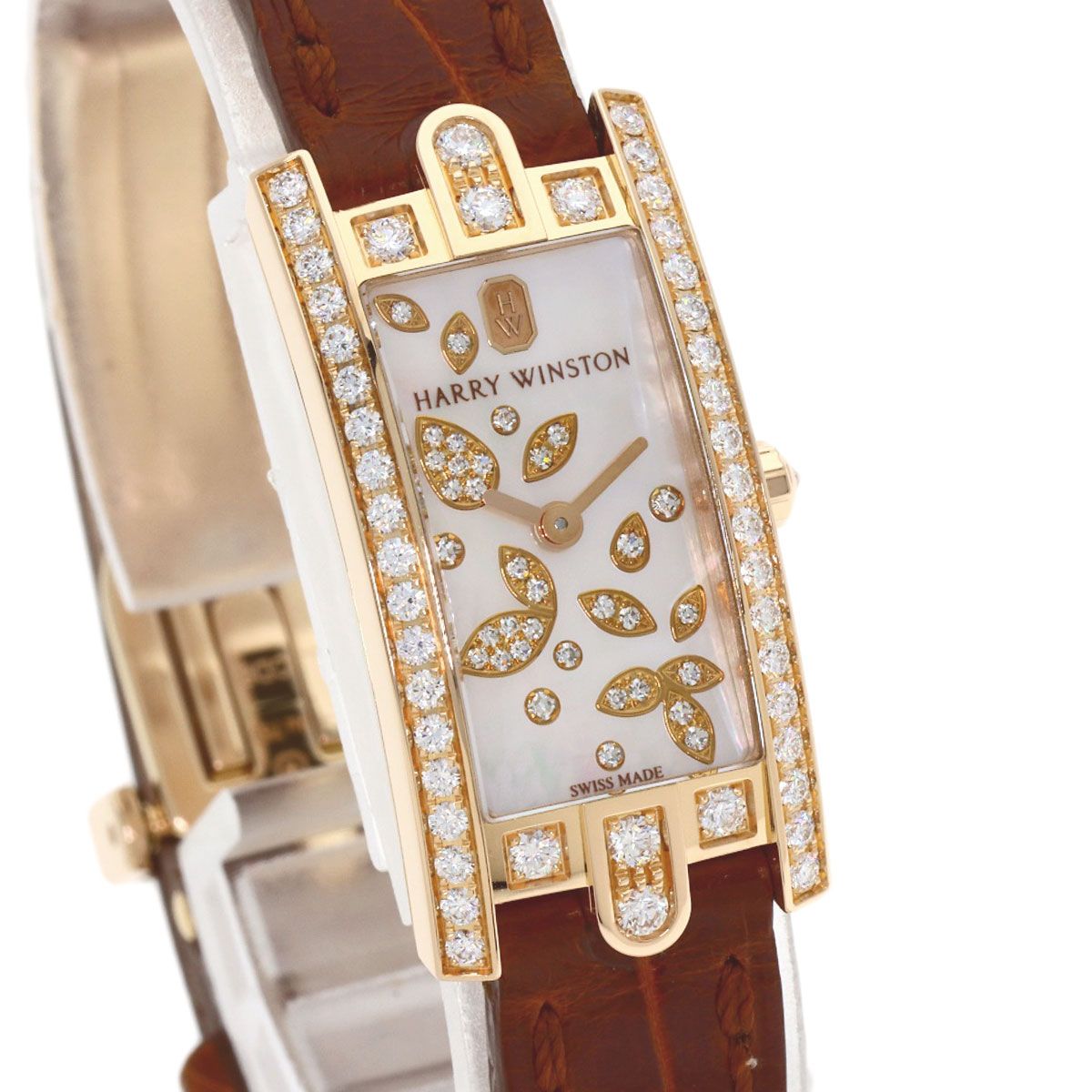 Harry Winston Avenue C Mini Lily Cluster Diamond Watch 18k Pink Gold Leather — view 4