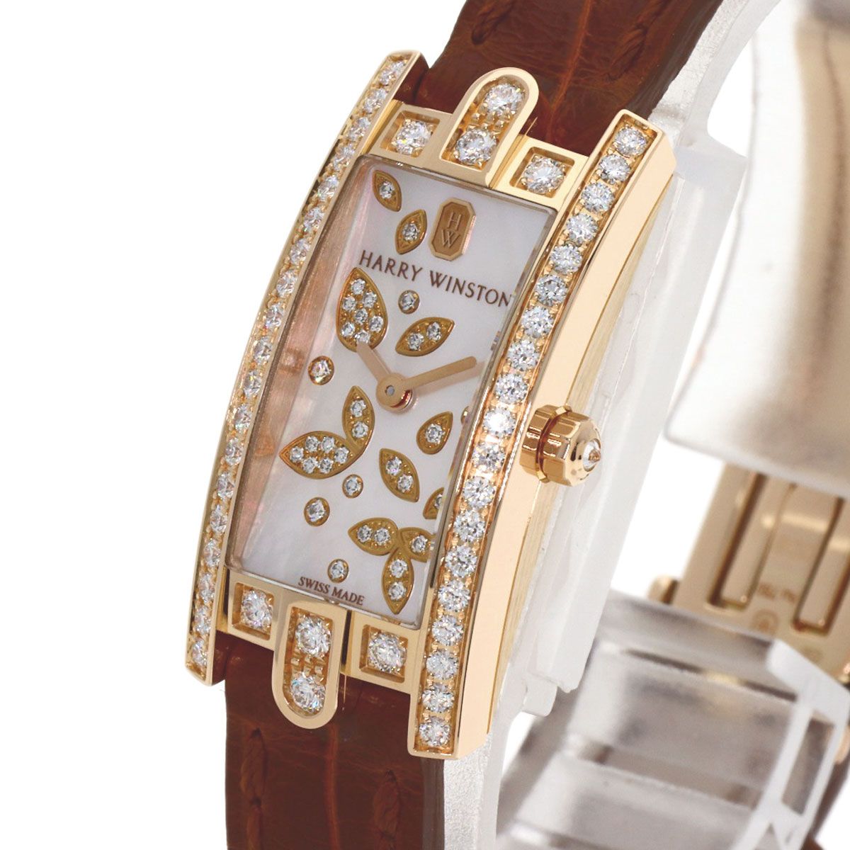 Harry Winston Avenue C Mini Lily Cluster Diamond Watch 18k Pink Gold Leather — view 3