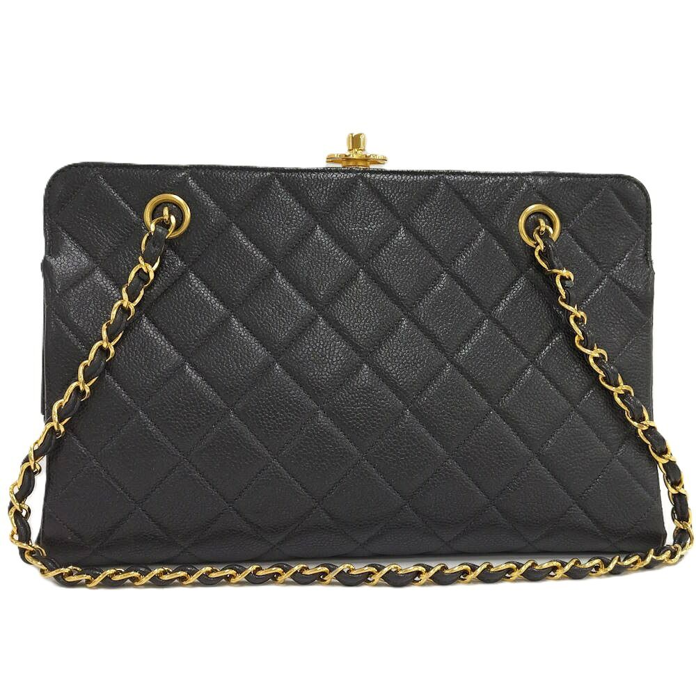 Chanel Quilted Kiss Lock Chain Shoulder Bag Caviar Leather