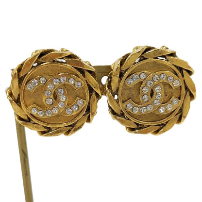 Chanel CC Logo Stone Earrings Gold Plated
