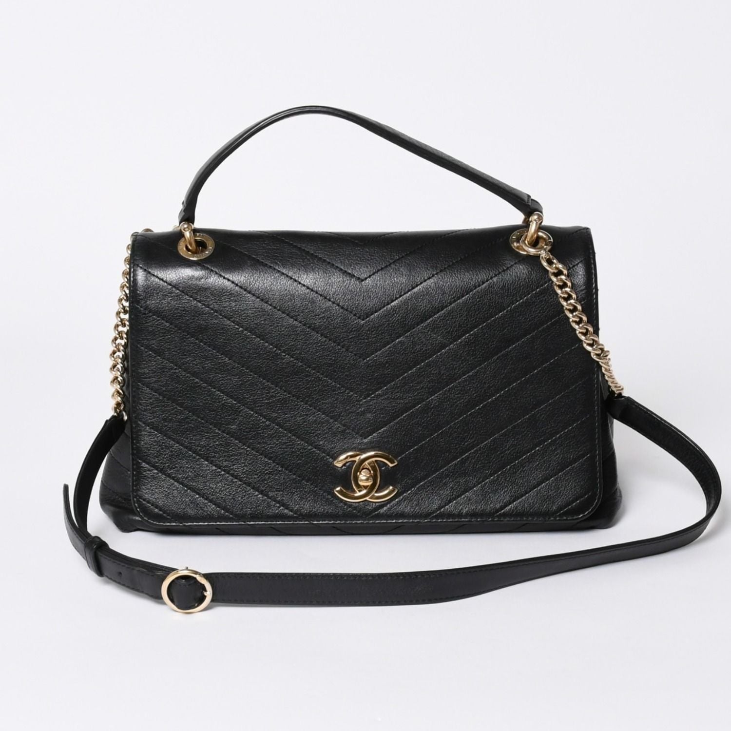 Chanel Chevron 2-Way Chain Shoulder Bag CC Logo Calfskin V-stitch Gold