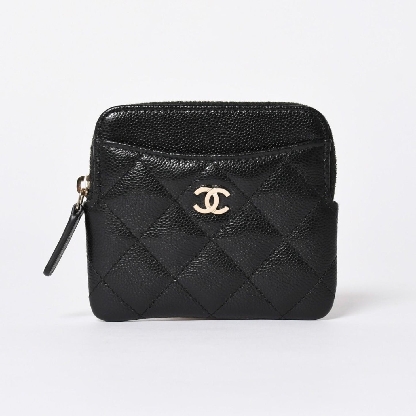 Chanel Classic Zip Coin Purse Stand CC Logo Caviar Leather Black Gold