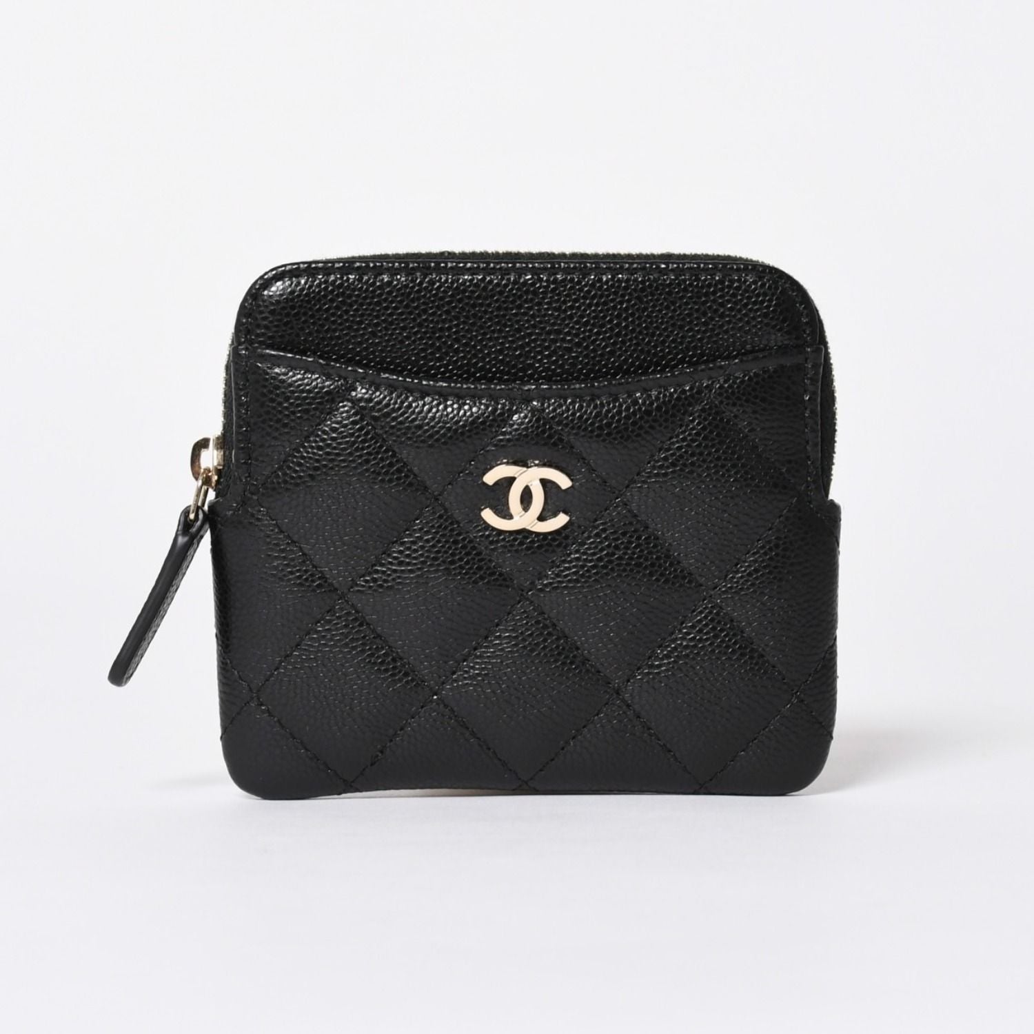 Chanel Classic Zip Coin Purse Stand CC Logo Caviar Leather Black Gold