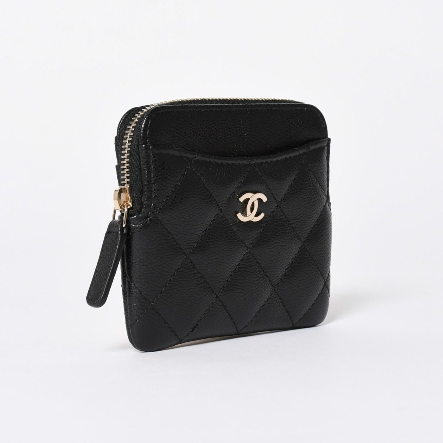 Chanel Classic Zip Coin Purse Stand CC Logo Caviar Leather Black Gold — view 3