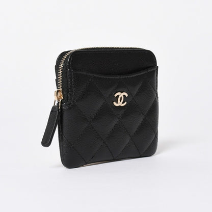 Chanel Classic Zip Coin Purse Stand CC Logo Caviar Leather Black Gold — view 3