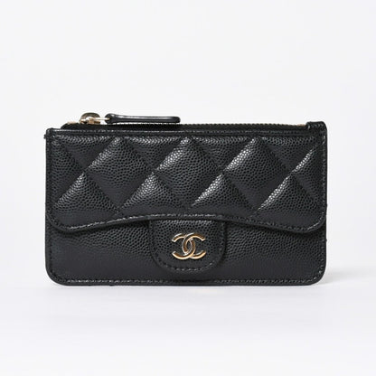 Chanel Coin Purse CC Logo Caviar Leather Black Gold