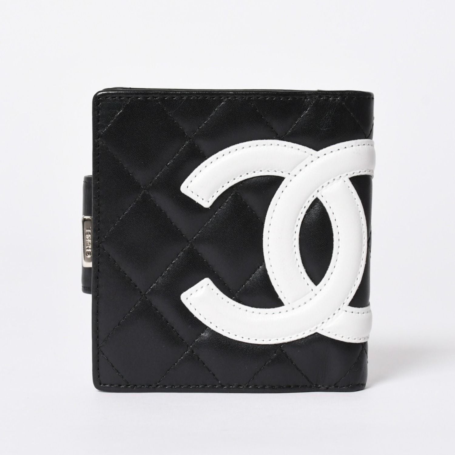 Chanel Cambon Line Bifold Wallet CC Logo Calfskin Kiss Lock Black Silver