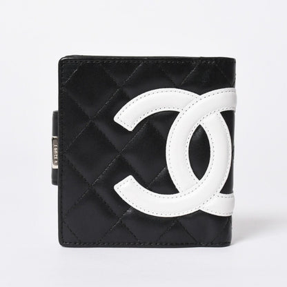 Chanel Cambon Line Bifold Wallet CC Logo Calfskin Kiss Lock Black Silver