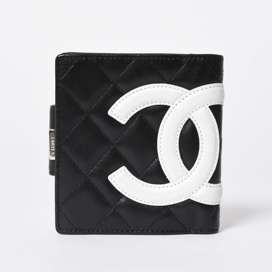 Chanel Cambon Line Bifold Wallet CC Logo Calfskin Kiss Lock Black Silver
