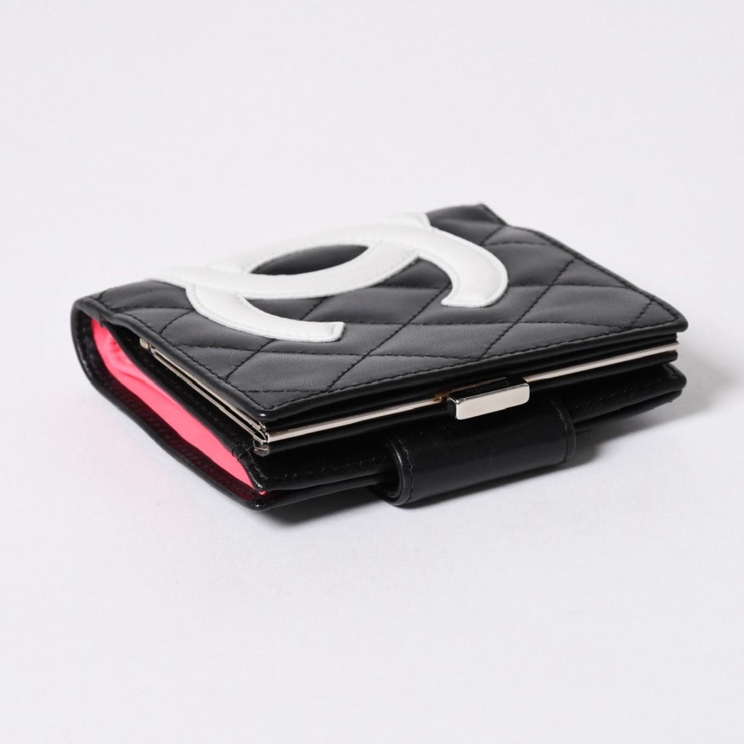 Chanel Cambon Line Bifold Wallet CC Logo Calfskin Kiss Lock Black Silver — view 6