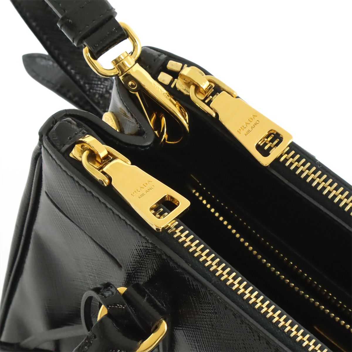 Prada Galleria Saffiano 2-Way Shoulder Bag Patent Leather Nero Black Gold — view 7