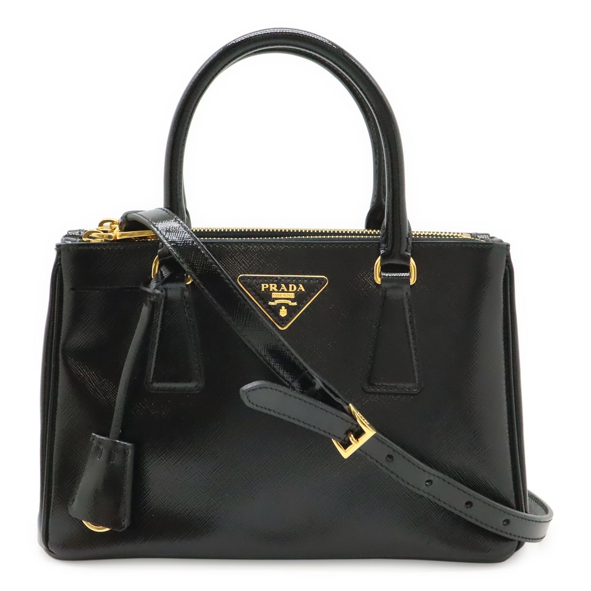 Prada Galleria Saffiano 2-Way Shoulder Bag Patent Leather Nero Black Gold