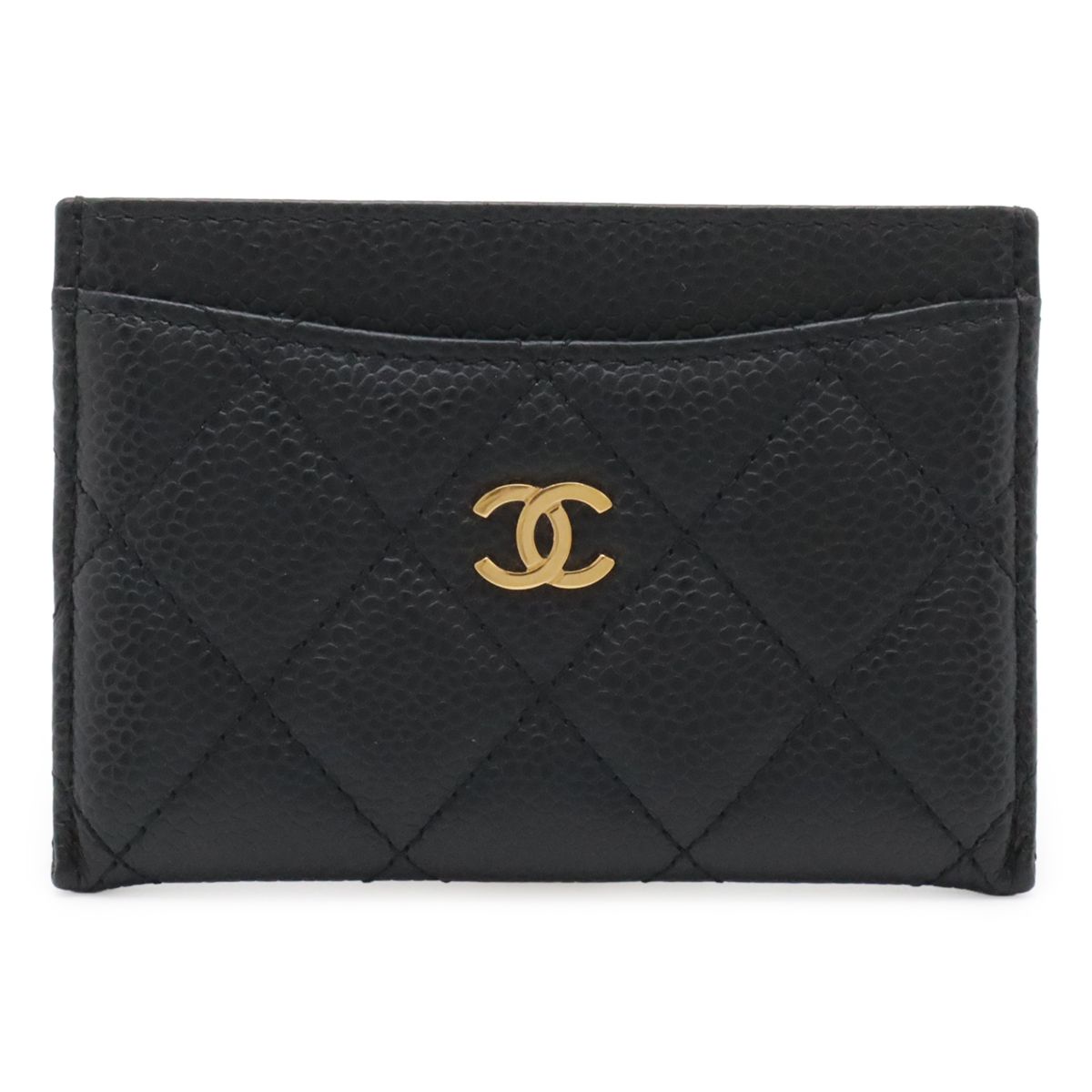 Chanel Quilted Classic Card Case CC Logo Business Caviar Leather Black Gold