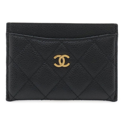 Chanel Quilted Classic Card Case CC Logo Business Caviar Leather Black Gold