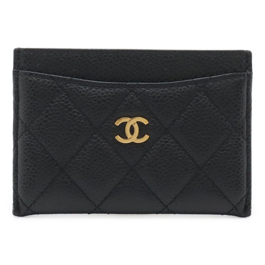 Chanel Quilted Classic Card Case CC Logo Business Caviar Leather Black Gold