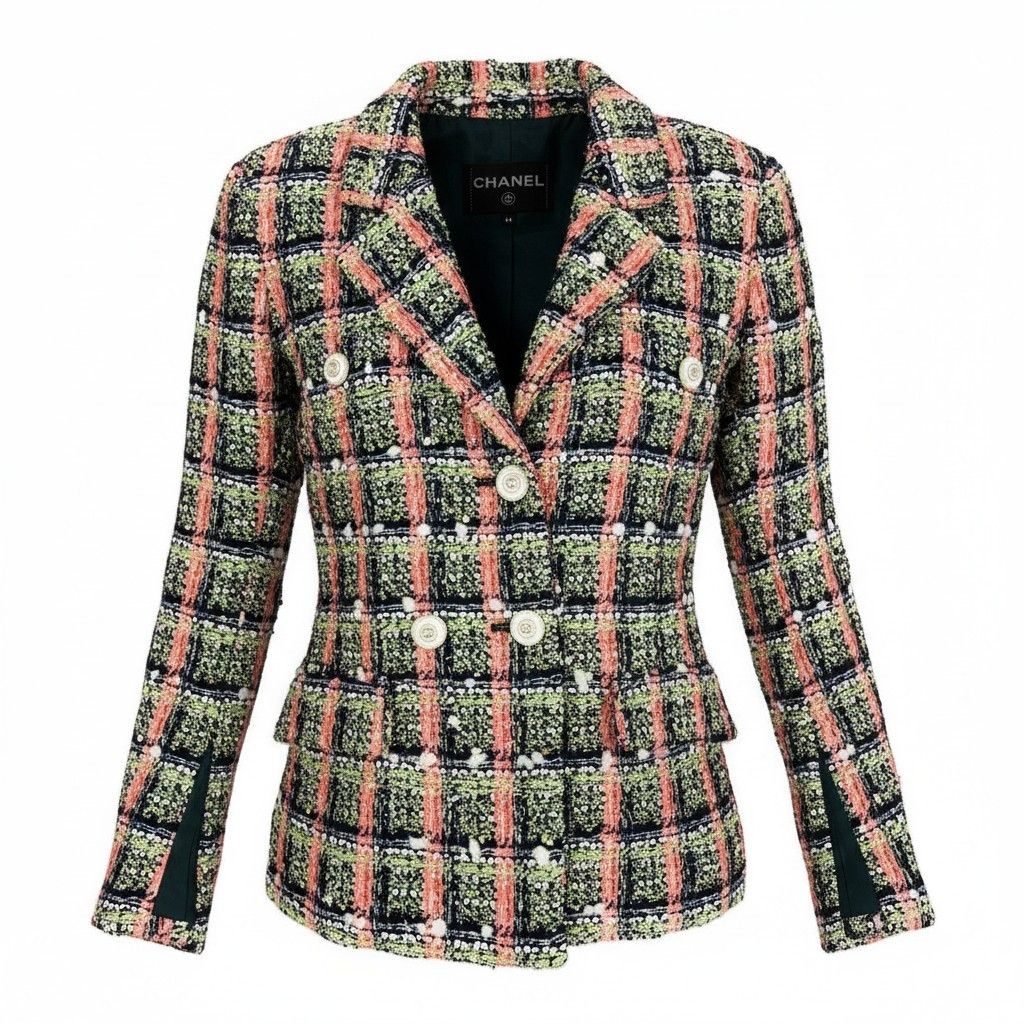 Chanel Cd7 Line Sequin Blend Tweed Jacket CC Logo Button 34