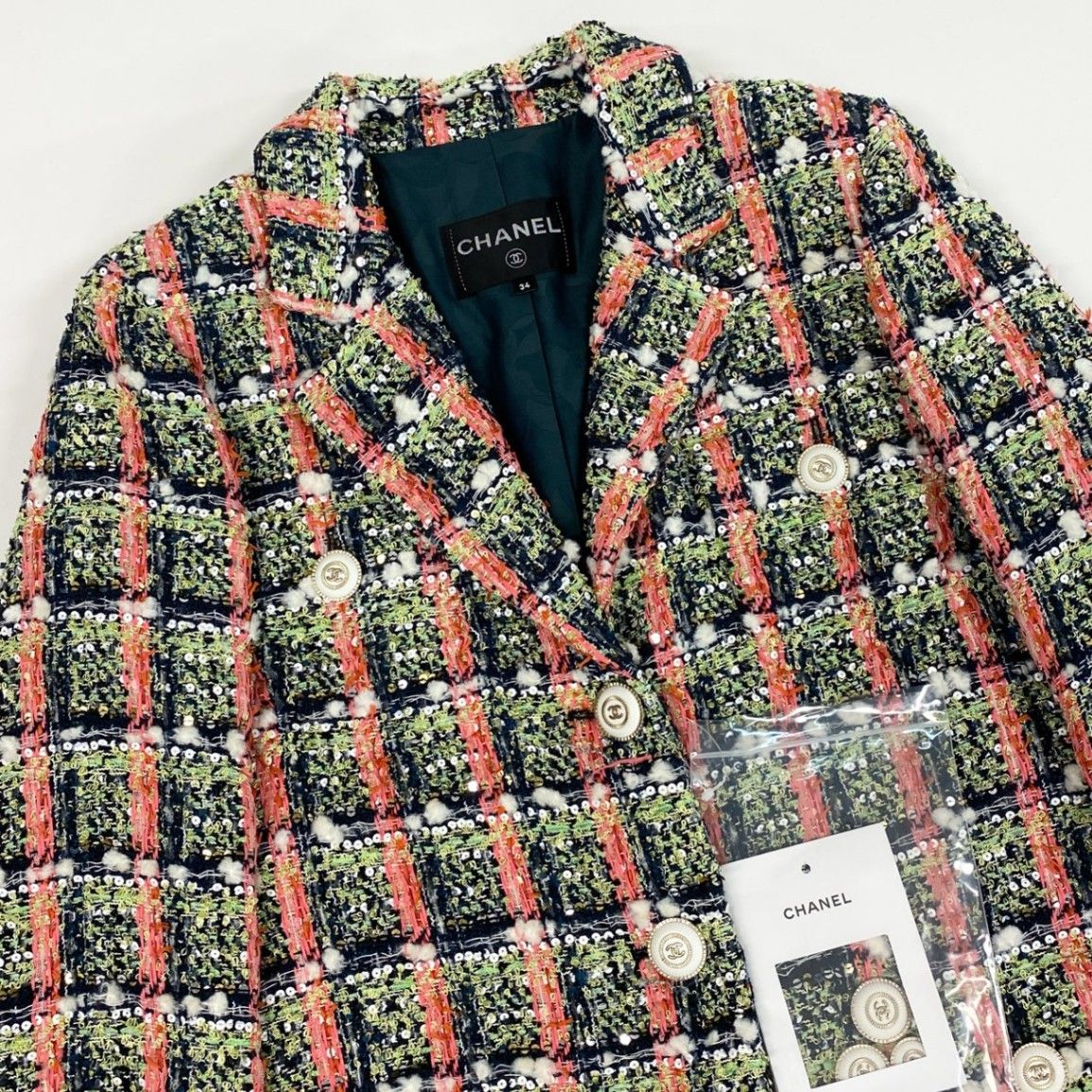Chanel Cd7 Line Sequin Blend Tweed Jacket CC Logo Button 34 — view 5