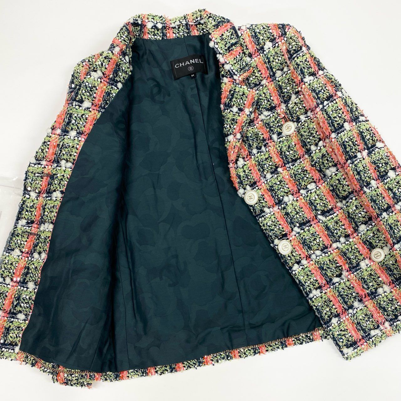 Chanel Cd7 Line Sequin Blend Tweed Jacket CC Logo Button 34 — view 4