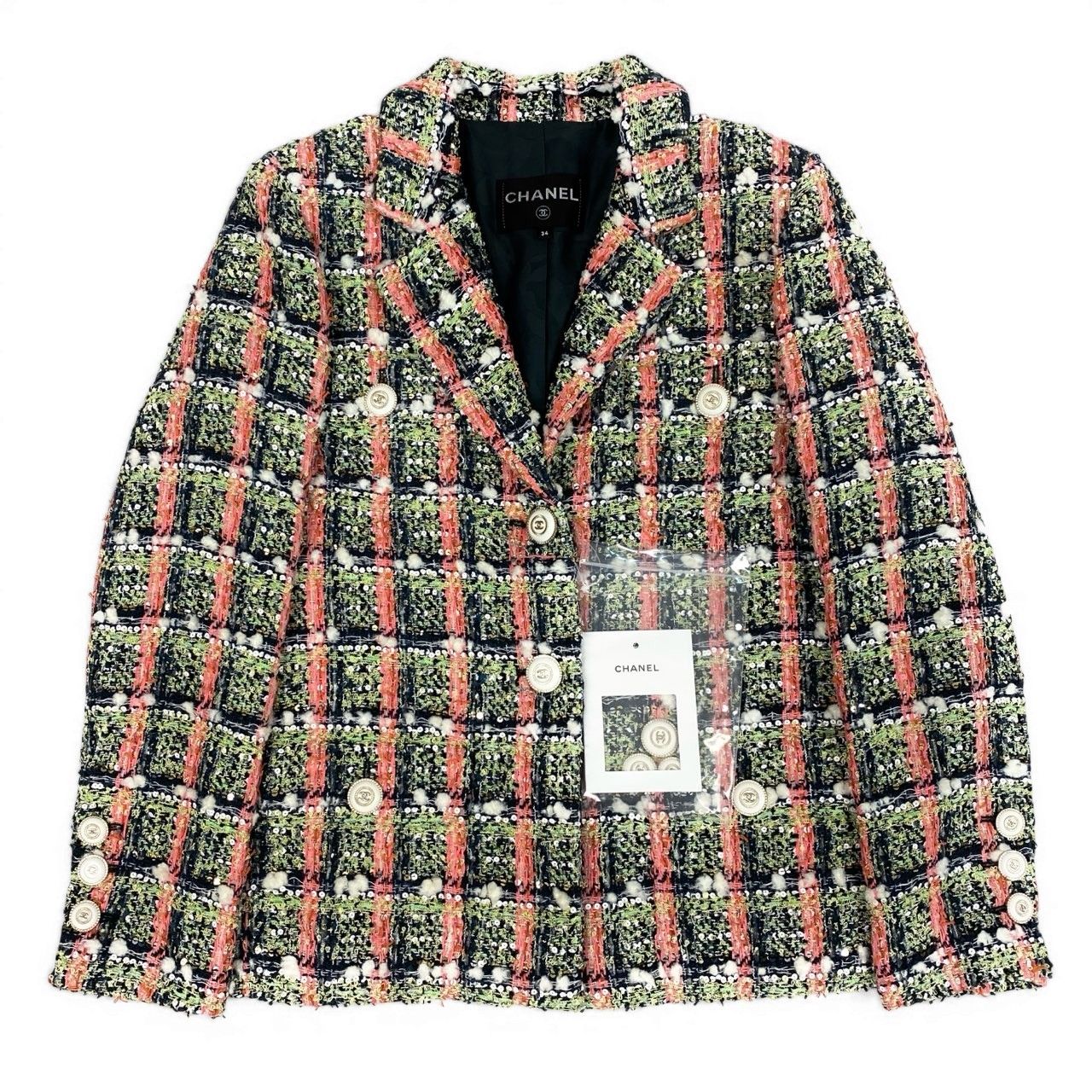Chanel Cd7 Line Sequin Blend Tweed Jacket CC Logo Button 34 — view 2