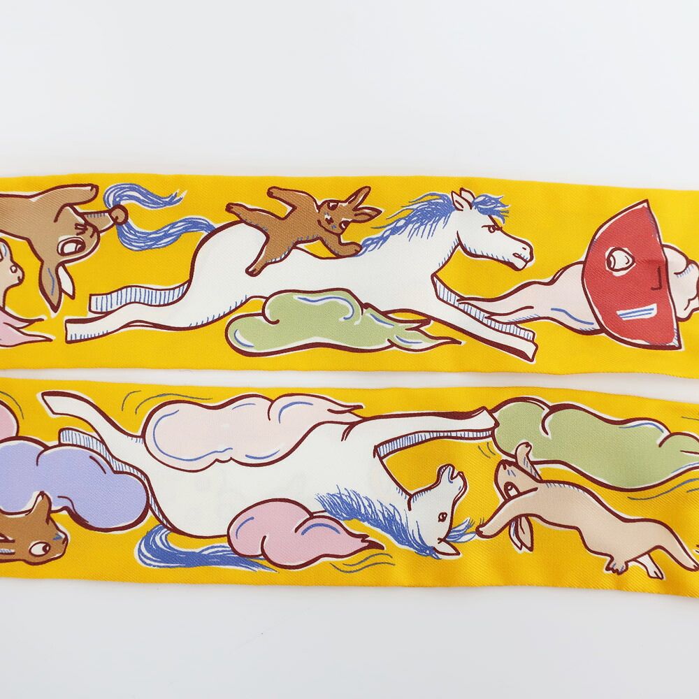 Hermes Tian White Twilly a Thousand and One Rabbit Scarf Silk Yellow Multicolor — view 4