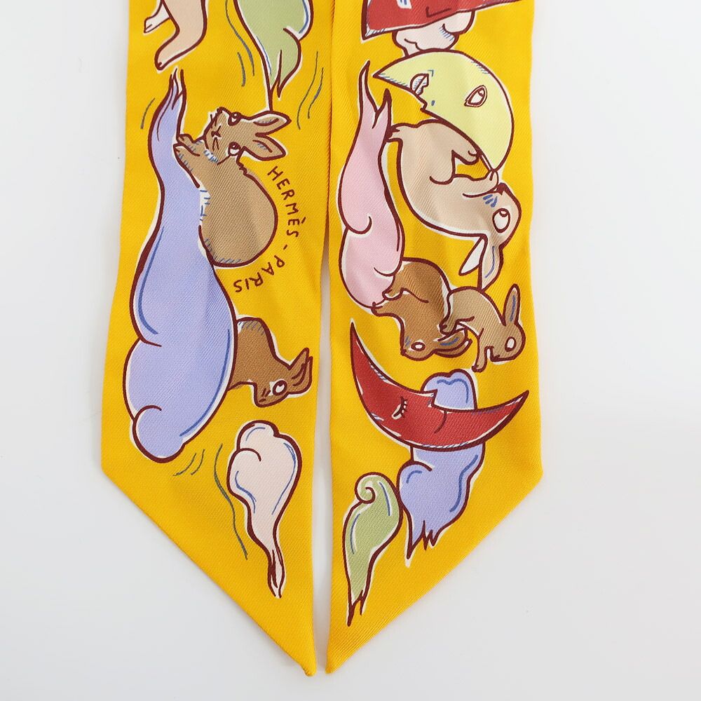 Hermes Tian White Twilly a Thousand and One Rabbit Scarf Silk Yellow Multicolor — view 3