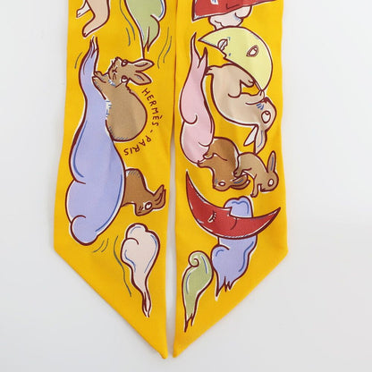 Hermes Tian White Twilly a Thousand and One Rabbit Scarf Silk Yellow Multicolor — view 3