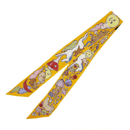 Hermes Tian White Twilly a Thousand and One Rabbit Scarf Silk Yellow Multicolor