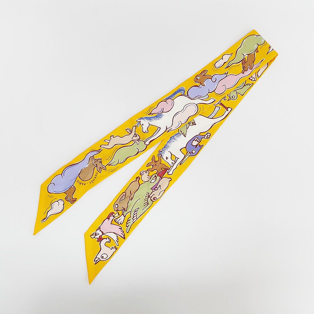 Hermes Tian White Twilly a Thousand and One Rabbit Scarf Silk Yellow Multicolor — view 2