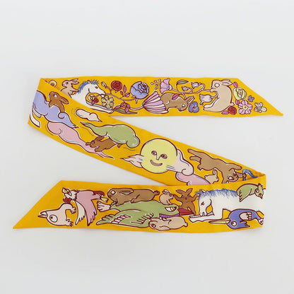 Hermes Tian White Twilly a Thousand and One Rabbit Scarf Silk Yellow Multicolor — view 8