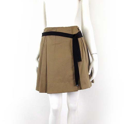 Prada Model Gabardine Pleated Mini Skirt Waist Ribbon S Cork Beige Black 36
