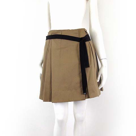 Prada Model Gabardine Pleated Mini Skirt Waist Ribbon S Cork Beige Black 36